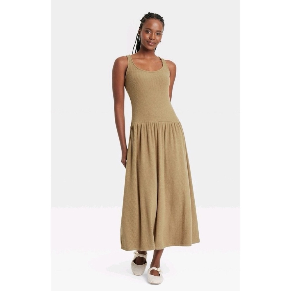 Universal Thread Scoop Neck Drop Waist Ribbed Midi Dress in Tan Women's Size XS